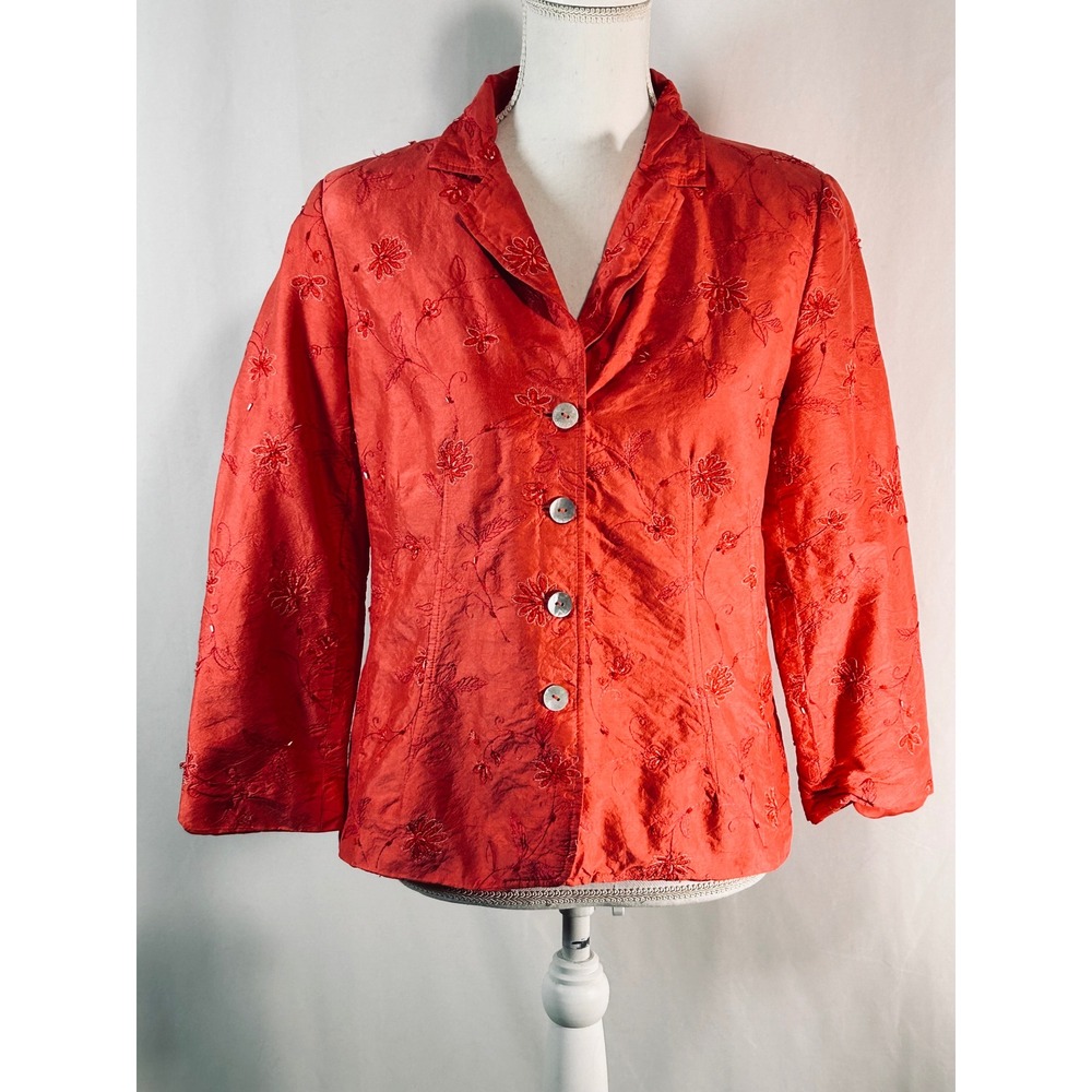 Rafael Womens 100% Silk Embroidered Beaded Blazer Jacket Coral Red Size 6